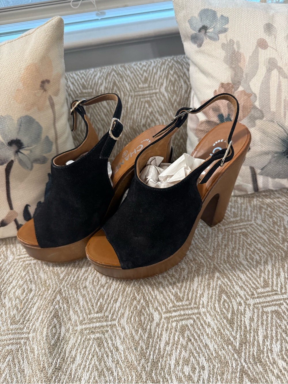CHANEL Black Suede Open-Toe Platform Slingback Heels